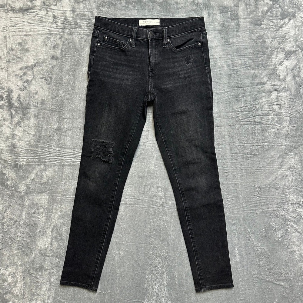 Gap True Skinny Jeans Women's Size 26S Black Distressed Denim Pants‎ Stretch